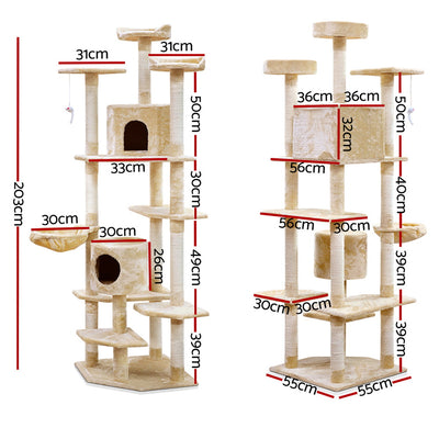 i.Pet Cat Tree 203cm Tower Scratching Post Scratcher Condo Trees House Bed Beige