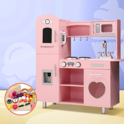 Keezi Kids Kitchen Play Set Wooden Pretend Toys Cooking Children Food Pink