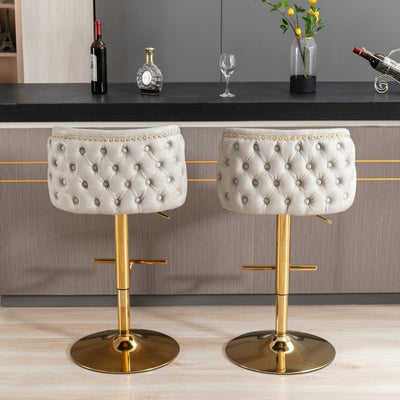 2x Faux Leather Golden Base Swivel Bar Stools- Beige