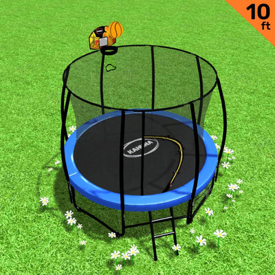 Kahuna 10ft Outdoor Trampoline With Safety Enclosure Pad Ladder Basketball Hoop Set Blue