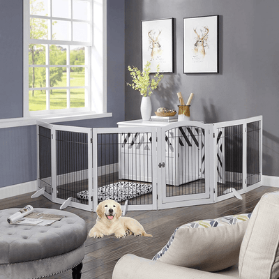 Wooden Dog Pen and Six Panel Pet Gate, White