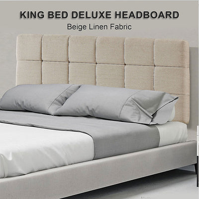 Linen Fabric King Bed Deluxe Headboard Bedhead - Beige