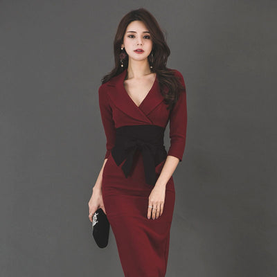 2021 New V-Neck Slim-Fit Lace-Up Contrast Color Bag Hip Mid-Length Dress