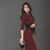 2021 New V-Neck Slim-Fit Lace-Up Contrast Color Bag Hip Mid-Length Dress