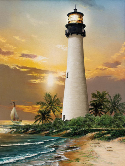 Sunset Lighthouse Wave Coconut Tree Combination Landscape