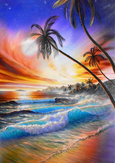 Sunset Lighthouse Wave Coconut Tree Combination Landscape