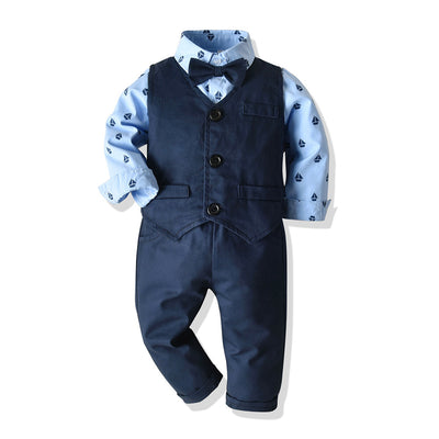 Boys Cotton Long Sleeve Bowtie Shirt + Waistcoat +Pants 3Pcs Suit