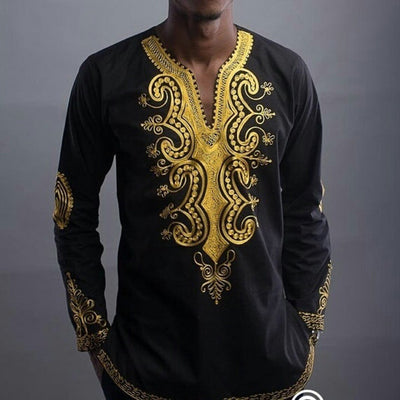 African National Wind Printing V Collar Long Sleeved Shirt for Men