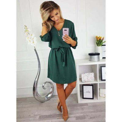 Button V-Neck  Dress