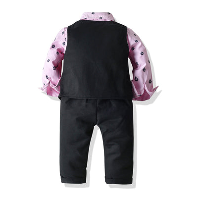 Boys Cotton Long Sleeve Bowtie Shirt + Waistcoat +Pants 3Pcs Suit