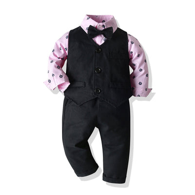 Boys Cotton Long Sleeve Bowtie Shirt + Waistcoat +Pants 3Pcs Suit