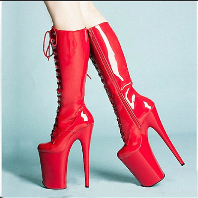 20cm Front Lace-up Stiletto High-heeled Boots Patent Leather