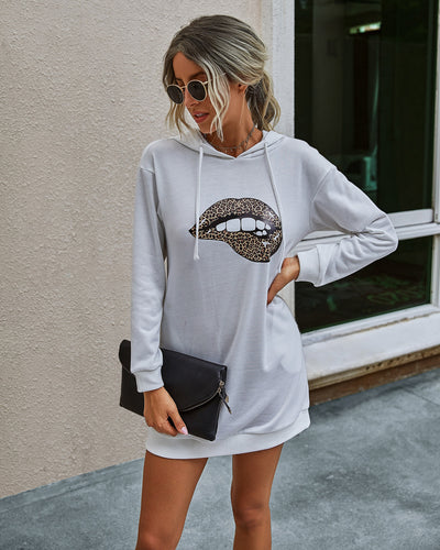 Lip Heat Transfer Mid-Length Women's Hooded Sweater